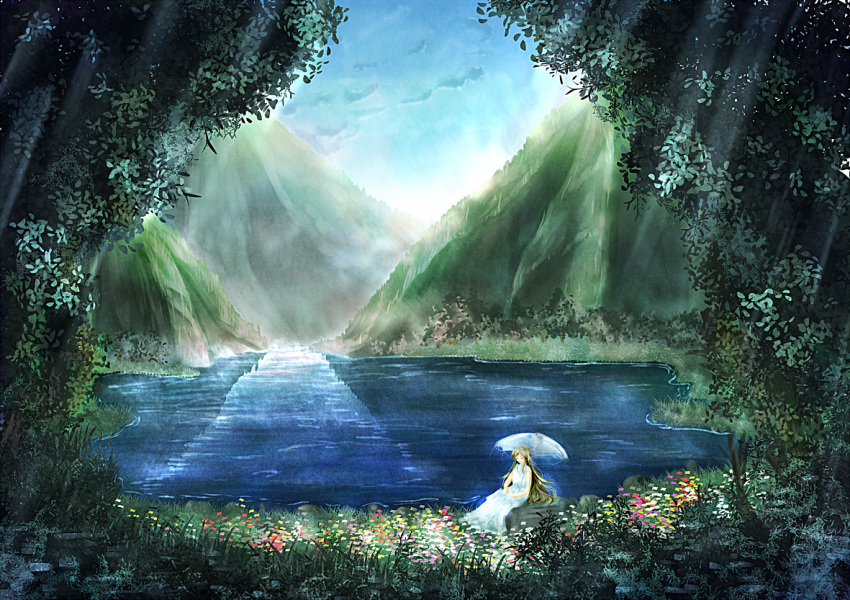 blonde_hair, blue_sky, dress, flower_field, lake, long_hair, mountain, original, pandora-ex, scenery, sky, solo, tree, umbrella, white_dress