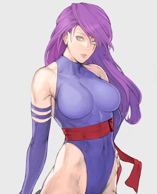 bad_id, bare_shoulders, blue_eyes, breasts, elbow_gloves, gloves, highleg, highleg_leotard, large_breasts, leotard, long_hair, marvel, psylocke, purple_hair, simple_background, solo, x-men, yuumikouki