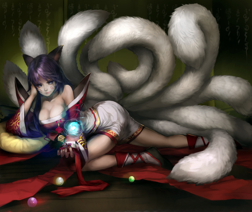 ahri, animal_ears, arm_support, bare_shoulders, blue_eyes, breasts, cat_ears, cleavage, dress, facial_mark, fox, highres, large_breasts, league_of_legends, long_hair, lying, multiple_tails, naturaljuice, on_side, orb, purple_hair, solo, tail, youshun_(naturaljuice)