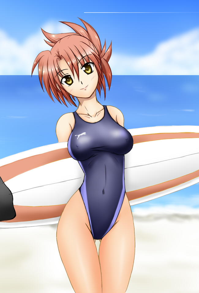 breasts, brown_hair, competition_swimsuit, erect_nipples, fuuma_nagi, highleg, highleg_swimsuit, large_breasts