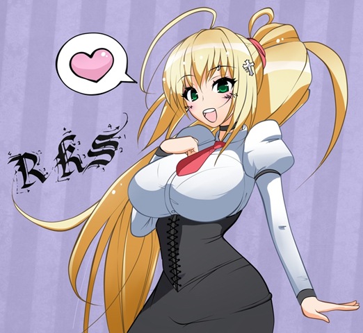 blonde_hair, breasts, cross, green_eyes, heart, large_breasts, open_mouth, rosenkreuzstilette