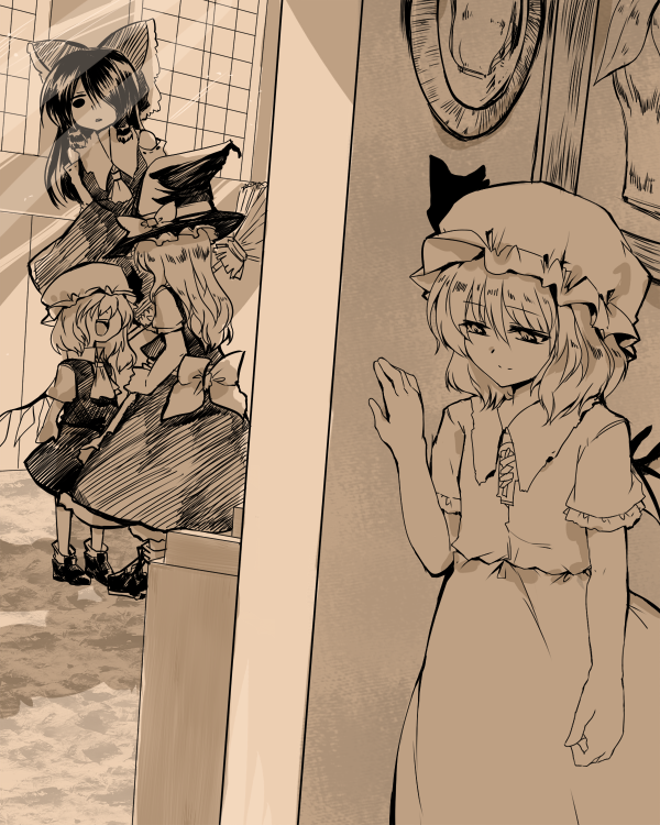 :d, ascot, bat_wings, bow, broom, commentary_request, detached_sleeves, flandre_scarlet
