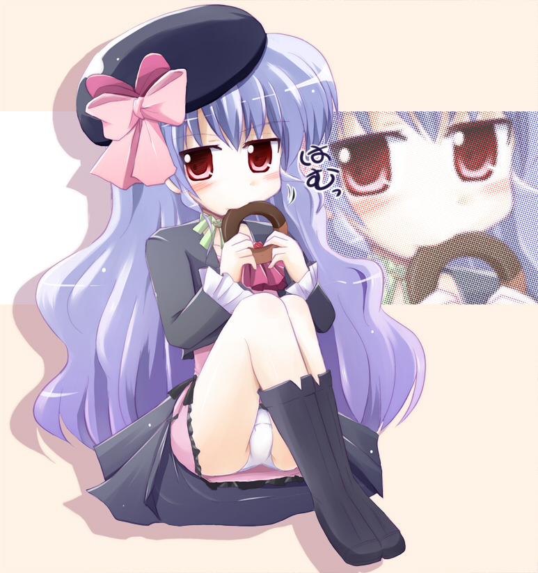 aquarion_evol, crea_dorosera, crea_torosera, doughnut, hat, panties, pantyshot, purple_eyes
