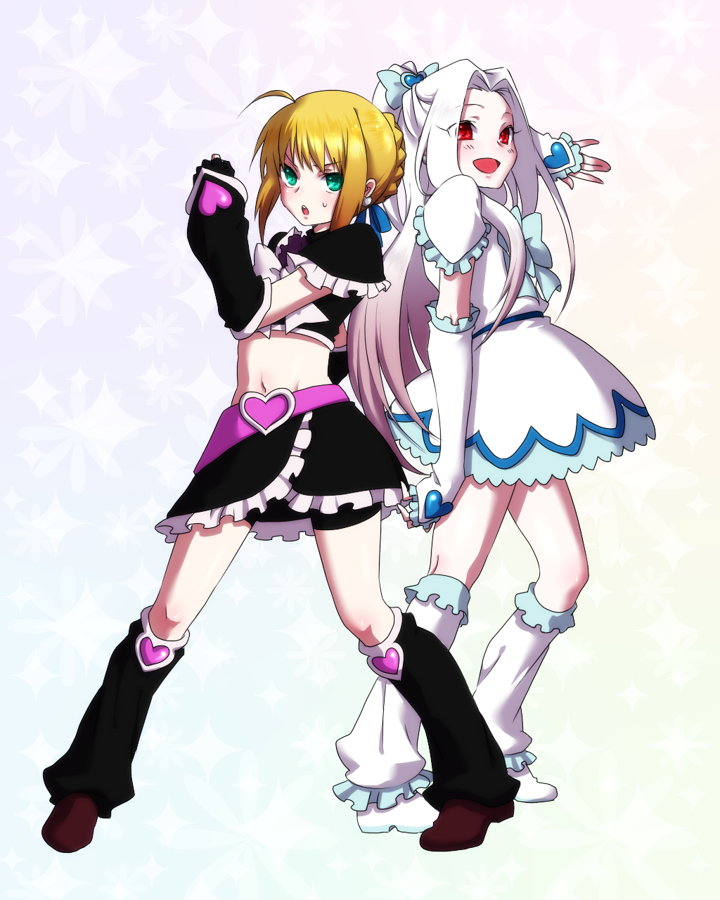 ahoge, bike_shorts, blonde_hair, boots, cosplay, cure_black, cure_black_(cosplay), cure_white, cure_white_(cosplay), dress, elbow_gloves, fate/zero, fate_(series), fingerless_gloves, futari_wa_precure, gloves, green_eyes, half_updo, highres, irisviel_von_einzbern, jun_(kyurisin), leg_warmers, long_hair, magical_girl, midriff, multiple_girls, parody, ponytail, precure, red_eyes, saber, shorts_under_skirt, white_hair