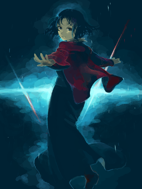 black_hair, jacket, japanese_clothes, kara_no_kyoukai, kimono, red_jacket, ryougi_shiki, short_hair, solo, tegaki, uni_(pixiv3369507)