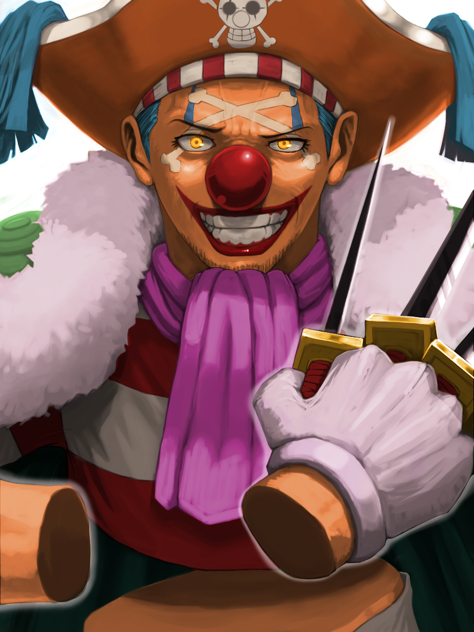 blue_hair, buggy_the_clown, clown_nose, cravat, fur_coat, fur_trim, grin, hat