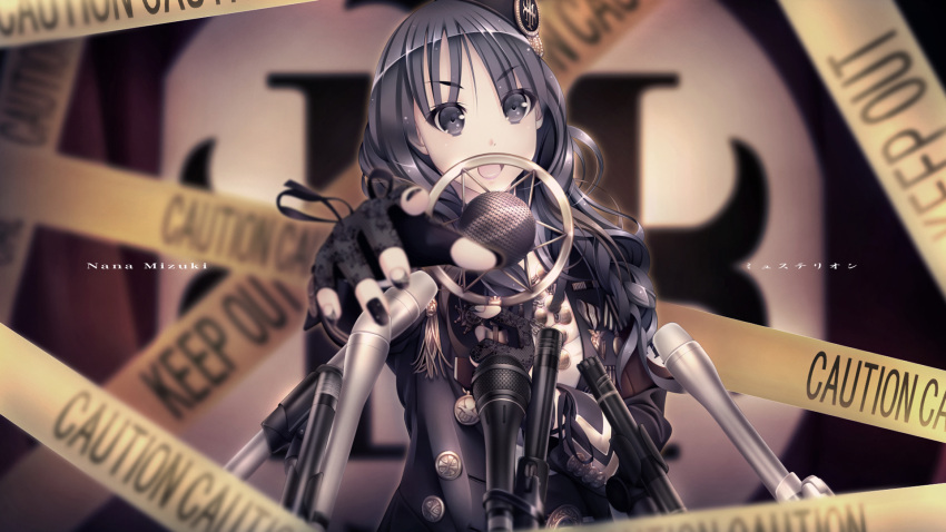 caution_tape, copyright_request, ekureeru, highres, keep_out, microphone, mizuki_nana, pointing