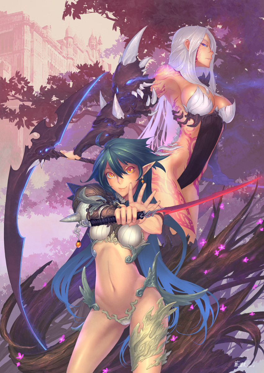 ahoge, blue_eyes, blue_hair, elf, fantasy, green_hair, highres, multiple_girls