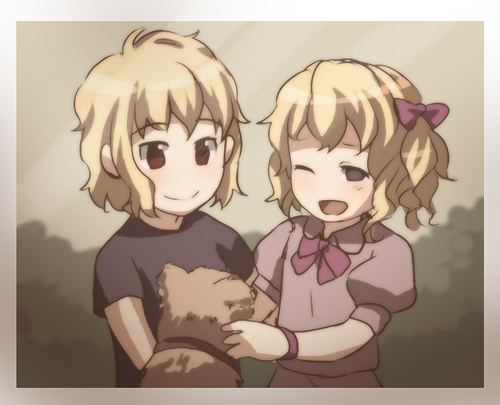 blonde_hair, bow, bowtie, bracelet, dog, grey_eyes, hair_bow, jewelry, katawa_shoujo, lowres, multiple_girls, niji_(katawa_shoujo), open_mouth, puffy_sleeves, red_eyes, reverse_trap, satou_akira, satou_lilly, short_hair, short_twintails, siblings, sisters, smile, t-shirt, twintails, wavy_hair, weee_(raemz), wink, young