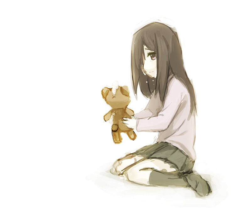 black_hair, black_legwear, hair_over_one_eye, ikezawa_hanako, katawa_shoujo, kneehighs, long_hair, purple_eyes, shirt, simple_background, sitting, skirt, solo, stuffed_animal, stuffed_toy, stuffing, tears, teddy_bear, wariza, weee_(raemz), young