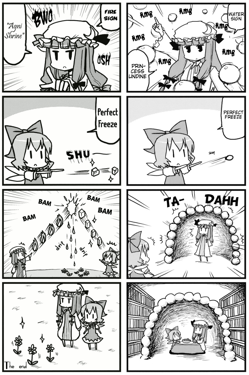 battle, bow, cirno, comic, dai-oki, danmaku, fire, flower, hard_translated, highres, ice, kotatsu, monochrome, patchouli_knowledge, perfect_freeze, spell_card, table, teamwork, touhou, translated, water_drop, |_|