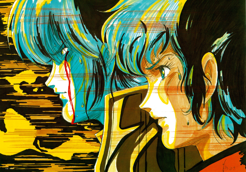 alien, blood, blue_eyes, blue_hair, bob_cut, choujikuu_yousai_macross, commander, couple, fire, giant, giantess, highres, injury, lips, macross, markers, meltrandi, mikimoto_haruhiko, moruk_lap_lamiz, old_school, oldschool, quamzin_kravshera, science_fiction, serious, short_hair, spoilers, sweat, traditional_media, wound, zentradi
