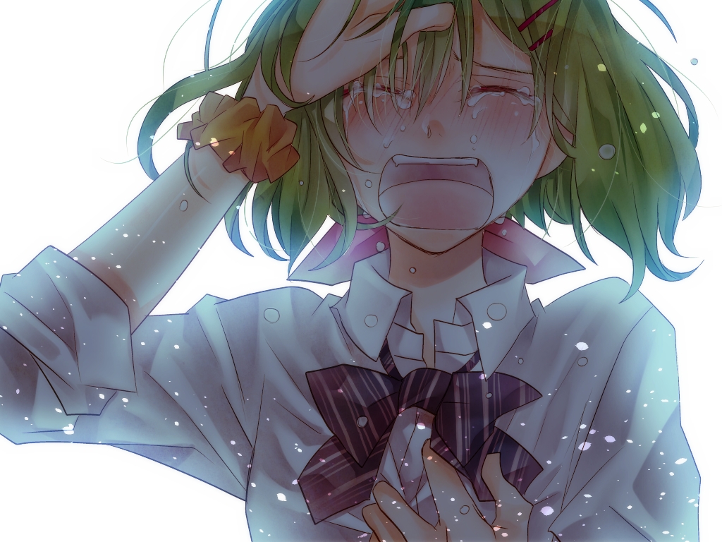 arm_up, bad_end, blush, bob_cut, bow, closed_eyes, crying, green_hair