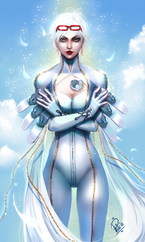 bayonetta, bodysuit, cleavage_cutout, crossed_arms, earrings, feathers, glasses, glasses_on_head