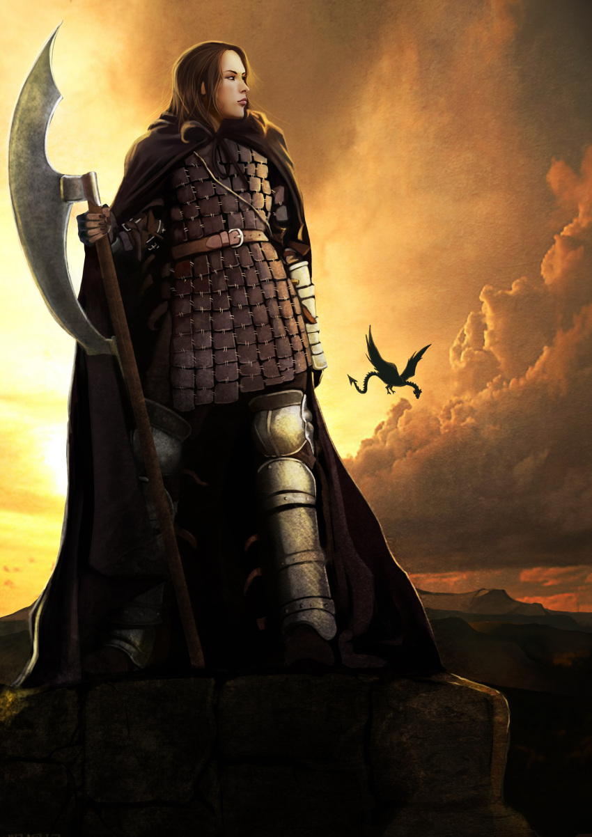 absurdres, ares6792, armor, axe, belt, brown_eyes, brown_hair, cloud