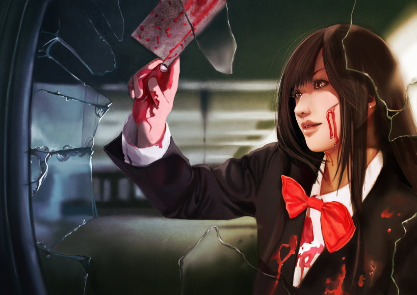 absurdres, ares6792, blood, bloody_knife, bow, broken_glass, brown_eyes, brown_hair