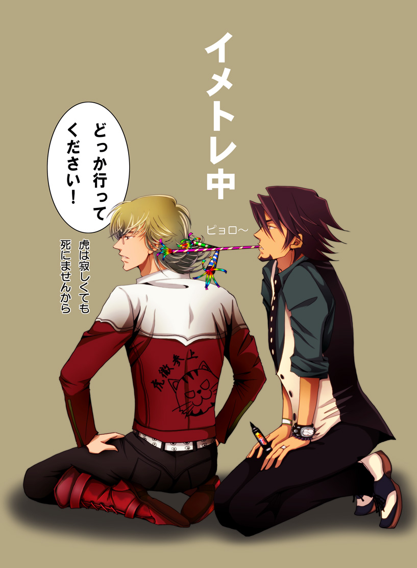 barnaby_brooks_jr, belt, blonde_hair, boots, bracelet, brown_eyes, brown_hair, facial_hair