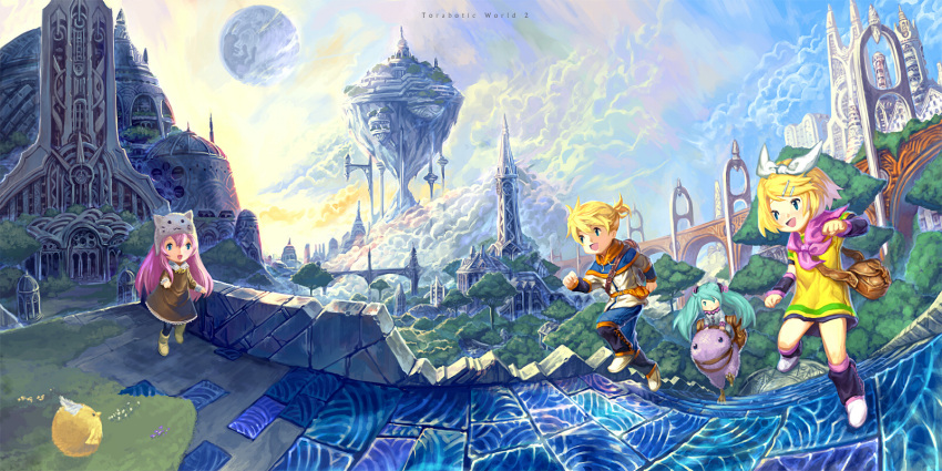 3girls, aqua_eyes, aqua_hair, blonde_hair, blue_eyes, cityscape, cloud, fantasy, hair_ornament, hair_ribbon, hairclip, hatsune_miku, highres, kagamine_len, kagamine_rin, megurine_luka, megurine_luka_(toeto), multiple_girls, nagimiso, open_mouth, pink_hair, ribbon, scenery, short_hair, sky, smile, toeto, toeto_(vocaloid), twintails, vocaloid