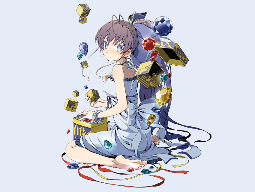azuma_syoujuan, barefoot, blue, dress, long_hair, ponytail, ryuugajou_nanana, ryuugajou_nanana_no_maizoukin
