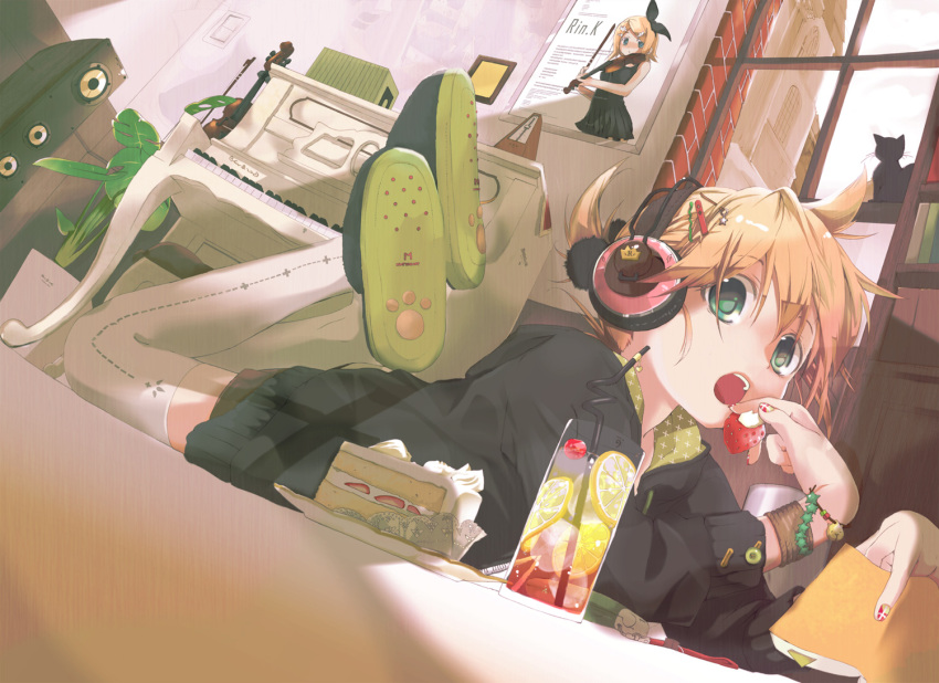 aqua_eyes, blonde_hair, brother_and_sister, cameo, cat, dring, drink, dutch_angle, glass, hair_ornament, hairclip, headphones, hekicha, highres, indoors, instrument, kagamine_len, kagamine_rin, kagamine_rin_(cameo), kneehighs, looking_at_viewer, lying, male, on_stomach, open_mouth, piano, poster, poster_(object), short_hair, siblings, solo, speaker, twins, violin, vocaloid