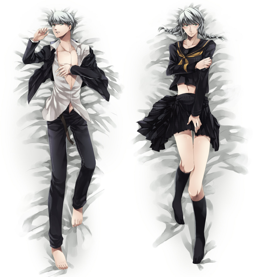 barefoot, black_legwear, braid, chirukome, crossdressinging, dakimakura, embarrassed, grey_eyes