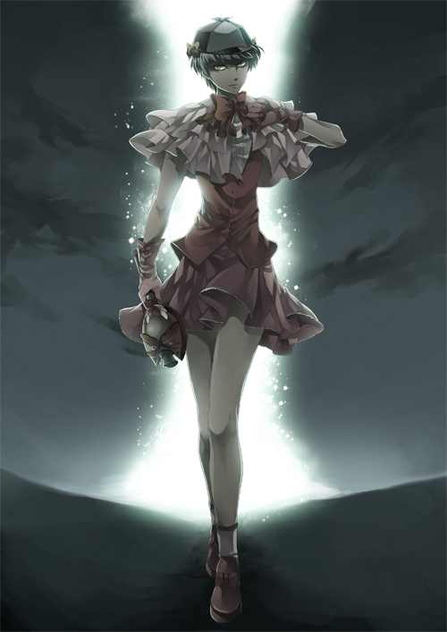 chirukome, cosplay, crossdressinging, deerstalker, detective, grey_eyes, grey_hair, hat