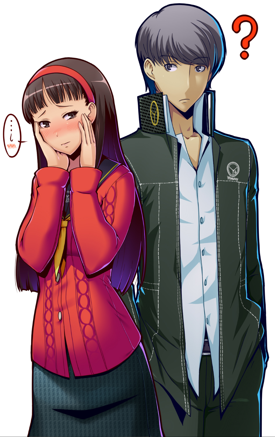 ?, amagi_yukiko, black_hair, blush, cardigan, couple, grey_eyes, grey_hair, hands_on_own_face, headband, highres, narukami_yuu, persona, persona_4, school_uniform, taru_neko