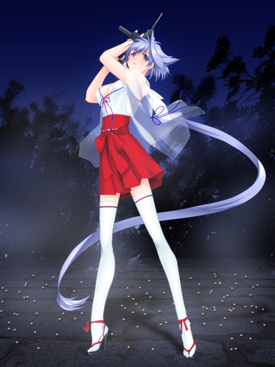 beans, blue_eyes, blush, breasts, cleavage, fingerless_gloves, gloves, gun, hakama, hakama_skirt, heterochromia, high_heels, highres, japanese_clothes, lavolpe_(yagisaka_seto), long_hair, m3_greasegun, miko, night, open_shoes, original, ponytail, purple_eyes, setsubun, shoes, silver_hair, solo, submachine_gun, thigh-highs, thighhighs, very_long_hair, violet_eyes, weapon, white_legwear, yagisaka_seto, zettai_ryouiki