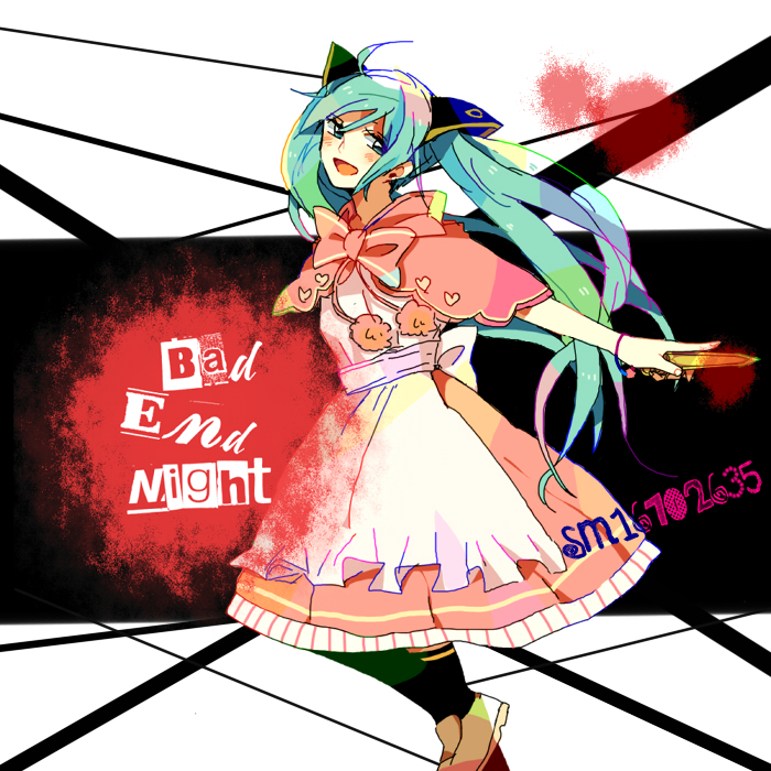 ahoge, bracelet, dress, green_eyes, green_hair, hatsune_miku, jewelry, knife