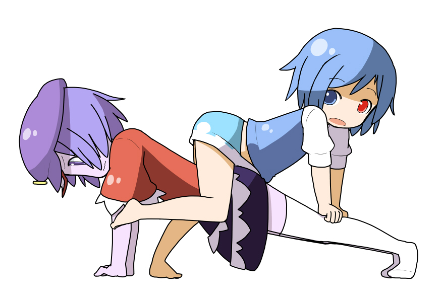bare_legs, beret, blue_eyes, blue_hair, child, girl_on_top, hat, heterochromia