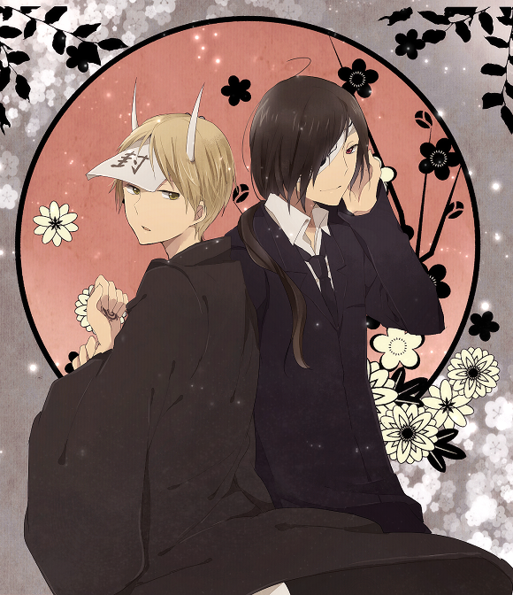 blonde_hair, brown_hair, formal, haori, horns, japanese_clothes, long_hair, male