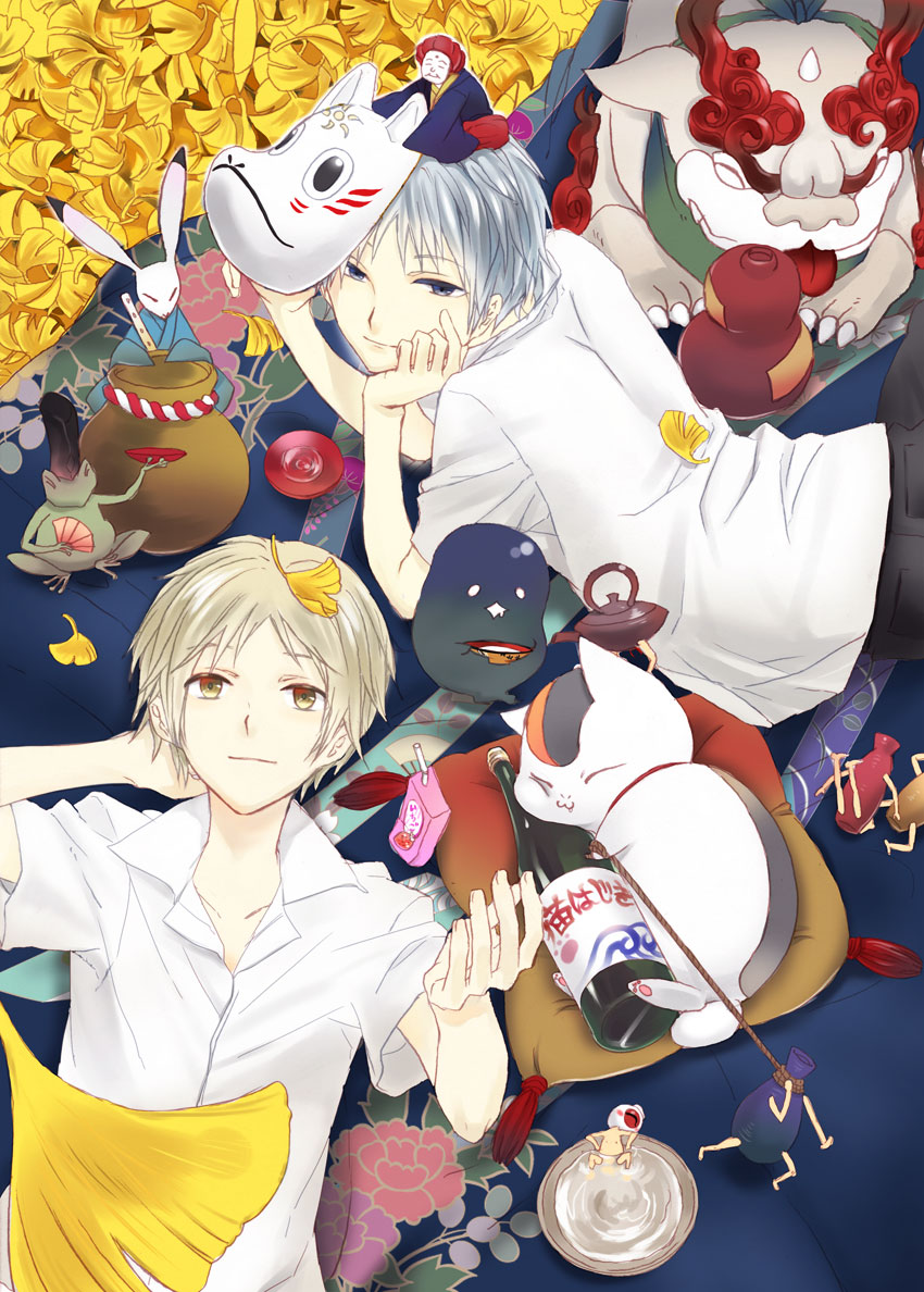 :3, blonde_hair, bottle, bunny, chin_rest, creator_connection, crossover, fox_mask
