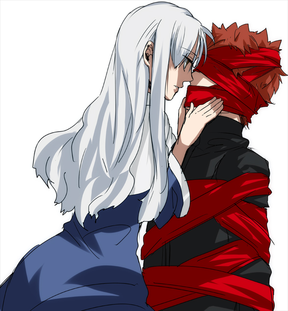 1girl, caren_hortensia, caren_ortensia, covering, covering_face, emiya_shirou, fate/stay_night, fate_(series), habit, kotomine_shirou, long_hair, priest, red_hair, redhead, tied_up, warakusa, what-if, white_hair, yellow_eyes