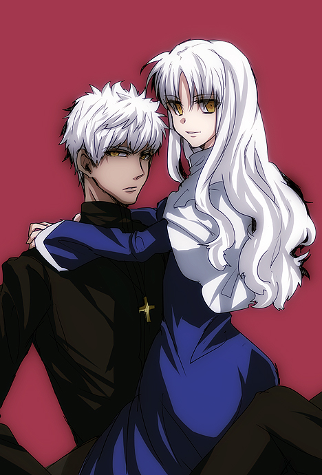 1girl, caren_hortensia, caren_ortensia, cross, cross_necklace, emiya_shirou, fate/stay_night, fate_(series), habit, jewelry, kotomine_shirou, long_hair, necklace, priest, warakusa, what-if, what_if, white_hair, yellow_eyes