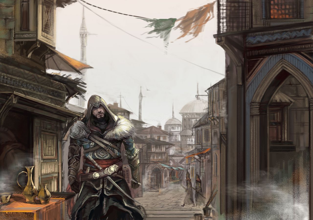 assassin's_creed, assassin's_creed:_revelations, assassin's_creed, assassin's_creed:_revelations, beard, cape, cityscape, ezio_auditore_da_firenze