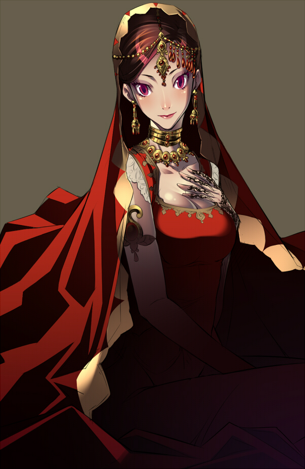 breasts, brown_hair, cleavage, dress, facial_mark, forehead_mark, indian, lasa_(lasa1116)