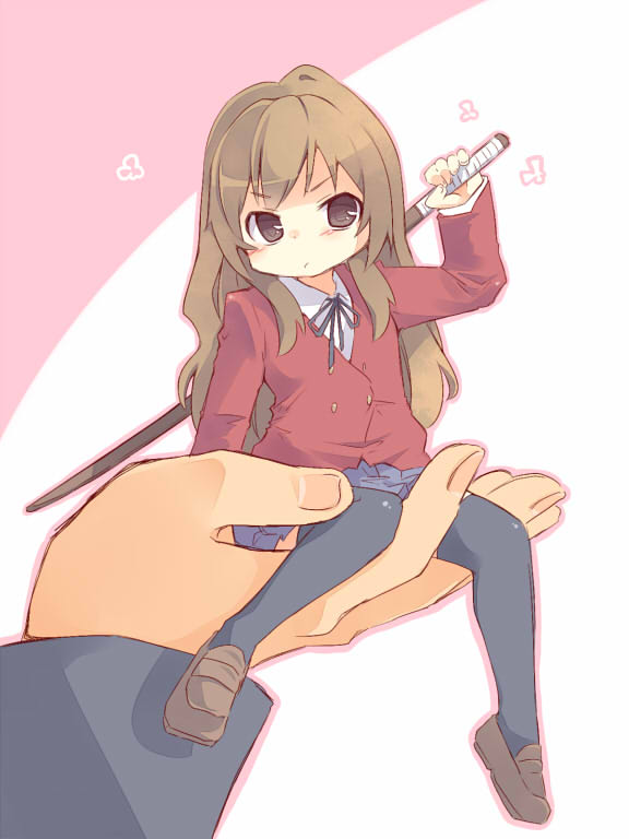bokken, brown_eyes, brown_hair, in_palm, long_hair, minigirl, oosuzu_aoi, pout