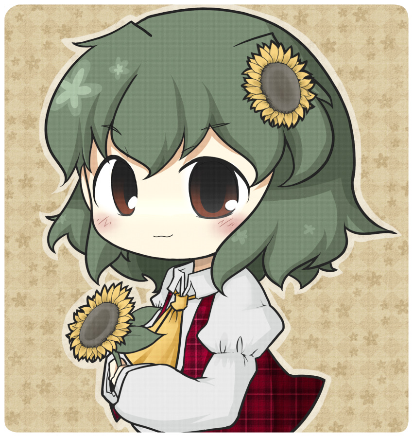 :3, ascot, blush, brown_eyes, flower, green_hair, hair_flower, hair_ornament