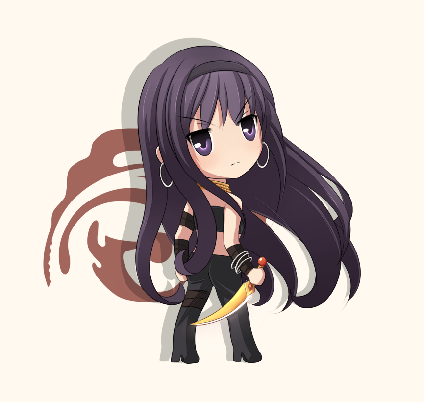 akemi_homura, assassin_(fate/zero), assassin_(fate/zero)_(cosplay), black_hair, chibi, command_spell, cosplay, creator_connection
