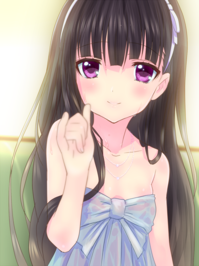 \m/, bangs, bare_shoulders, black_hair, blunt_bangs, blurry, blush, bow