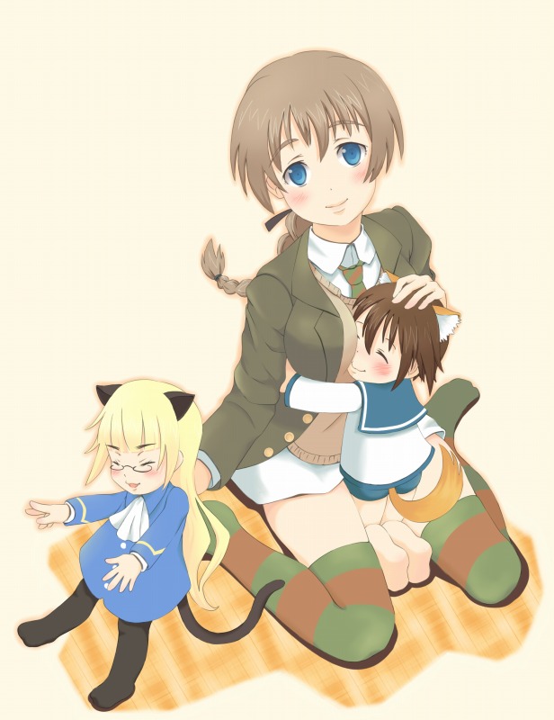 animal_ears, between_breasts, blonde_hair, blue_eyes, blush, braid, breast_pilow, breast_smother, breasts, brown_hair, cat_ears, chibi, closed_eyes, glasses, hug, kusunoki_(waccabell), large_breasts, long_hair, looking_up, lynette_bishop, miyafuji_yoshika, multiple_girls, necktie, pantyhose, perrine_h_clostermann, school_uniform, short_hair, single_braid, sitting, smile, strike_witches, striped, striped_legwear, striped_thighhighs, tail, thigh-highs, thighhighs, uniform