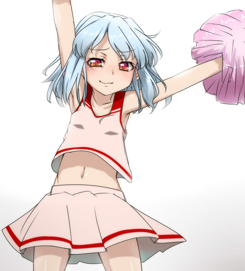 alternate_costume, armpits, arms_up, blue_hair, blush, cheerleader, kanaria_(artist), midriff
