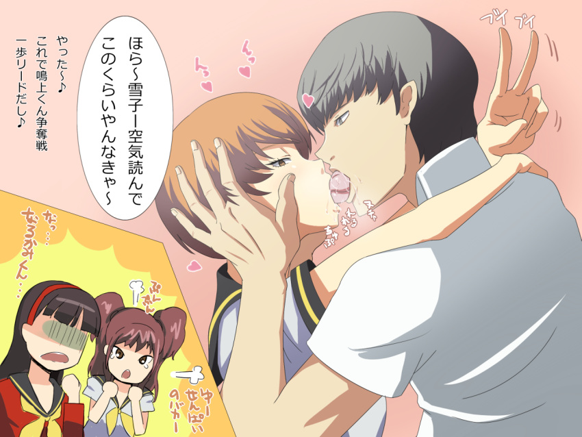 1boy, 3girls, amagi_yukiko, brown_eyes, brown_hair, french_kiss, kamishakujii_(poppenheim), kiss