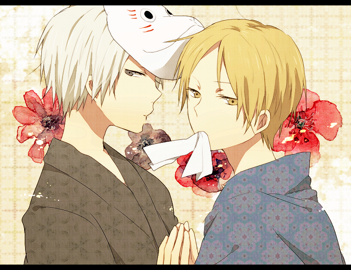 blonde_hair, creator_connection, crossover, flower, fox_mask, gin_(hotarubi_no_mori_e), hotarubi_no_mori_e, japanese_clothes