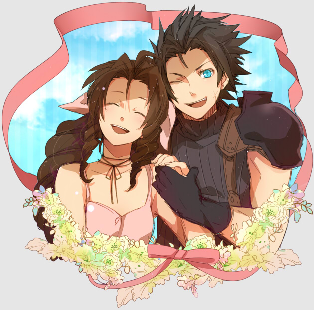 1girl, aerith_gainsborough, bare_shoulders, black_gloves, black_hair, blue_eyes, bow, brown_hair
