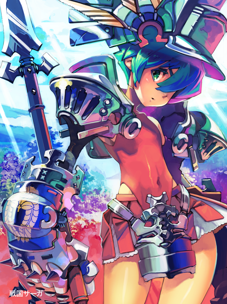 1girl, armor, character_request, dress, jikan_hakushaku, katou_yoshiaki, male, polearm, sengoku_saga, solo, source_request, trap, weapon