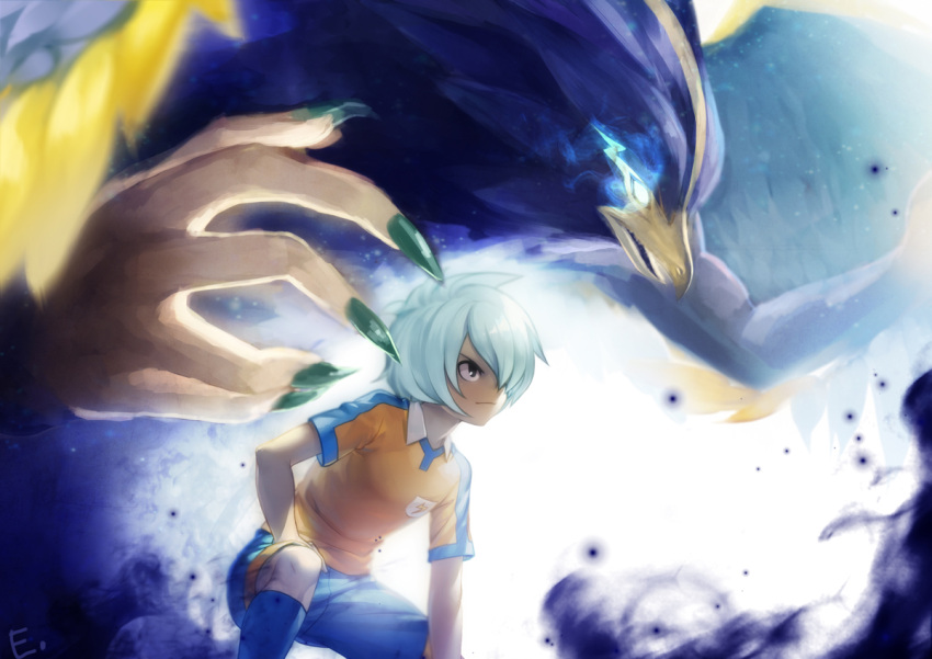 blue_hair, erian, hair_over_one_eye, inazuma_eleven, inazuma_eleven_(series), inazuma_eleven_go, kurama_norihito, kuroki_tsubasa_raven, male, short_hair, smile, soccer_uniform