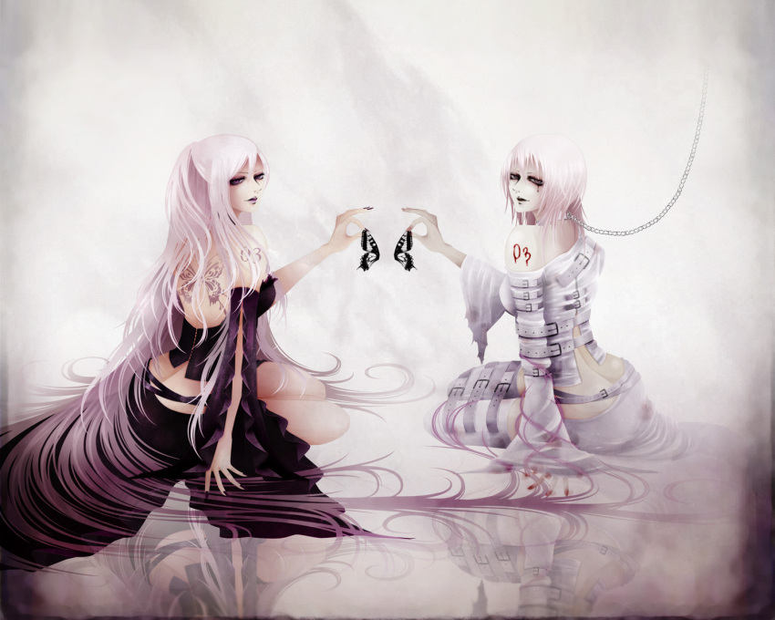 butterfly_wings, dress, highres, megurine_luka, multiple_girls, rouge_(artist), sitting, straitjacket, vocaloid, wings