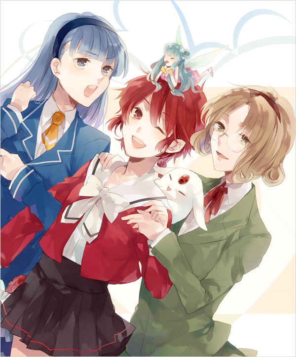 :p, aqua_hair, ascot, bangs, blazer, blonde_hair, blue_eyes, blue_hair
