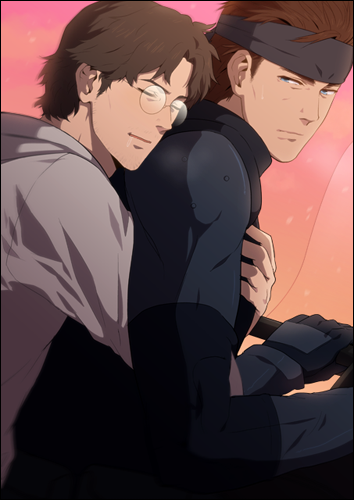 gobeur, hal_emmerich, hug, hug_from_behind, lowres, male, metal_gear, metal_gear_solid, otacon, sleeping, solid_snake, yaoi